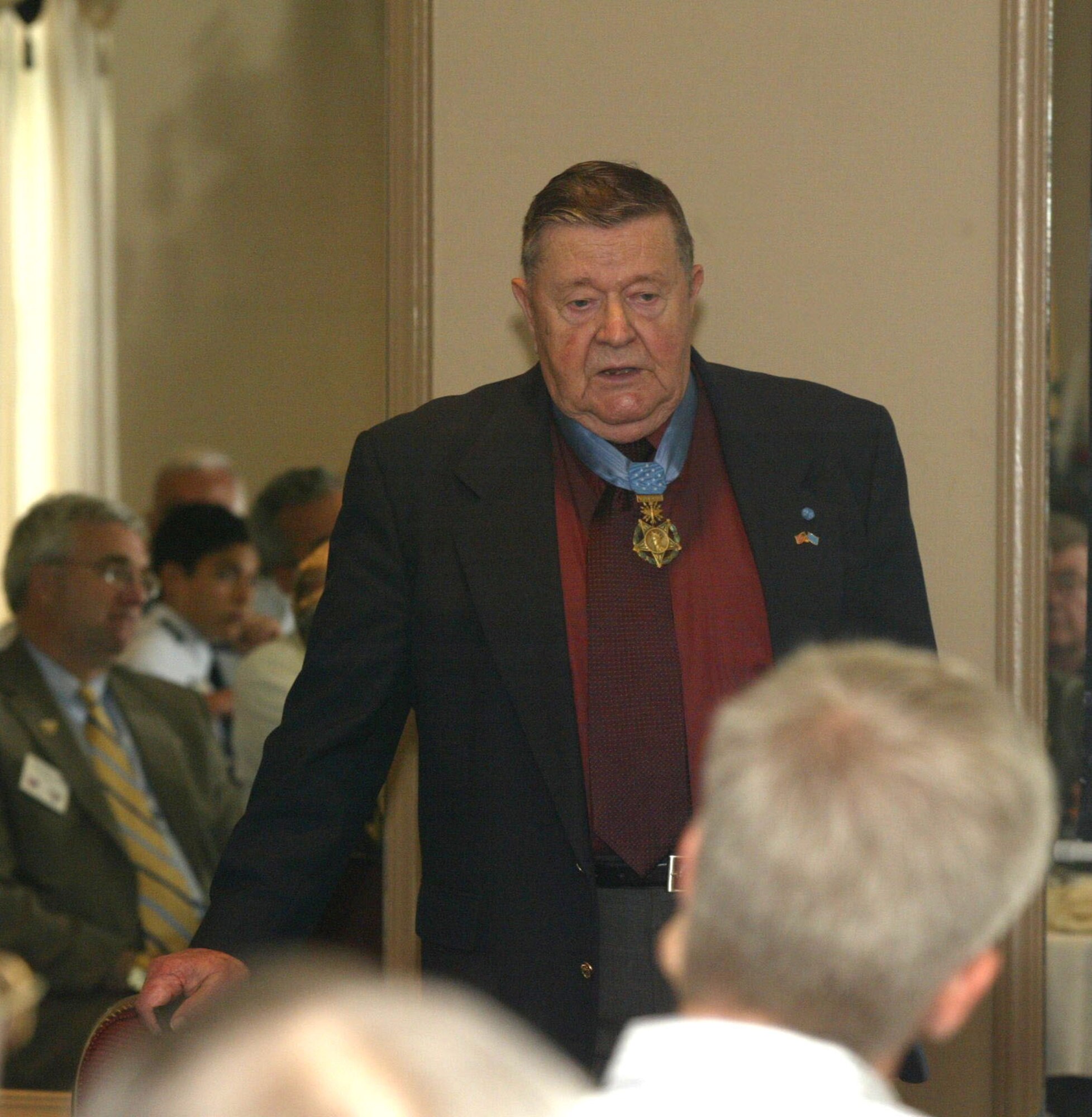 DOBBINS AIR RESERVE BASE, Ga. -- Medal of Honor recipient Col. Joe M. Jackson spoke to a group of Air Force Association members recently.  Colonel Jackson earned the Medal of Honor in 1968 for a heroic rescue of a combat control team stranded at Kham Duc, South Vietnam.  A Newnan native, Colonel Jackson repeatedly referred to himself as "The luckiest guy in the whole world." (Air Force photo/Don Peek)