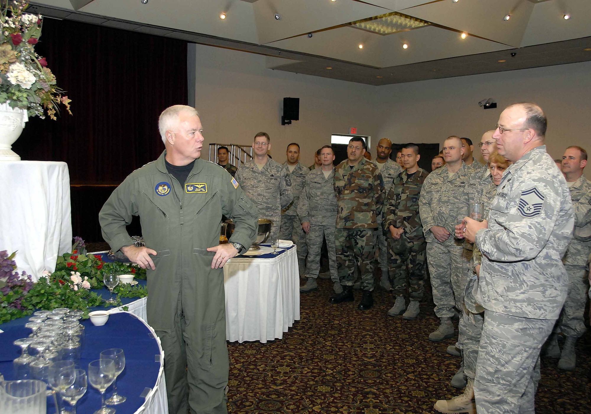 OSAN AIR BASE, Republic of Korea -- Adm. Timothy Keating, commander of U.S. Pacific Command, speaks with members of the top three enlisted grades about issues pertaining to quality of life and the mission for Pacific Forces during a visit to Osan June 2.  (U.S. Air Force photo/Staff Sgt. Scottie McCord) 