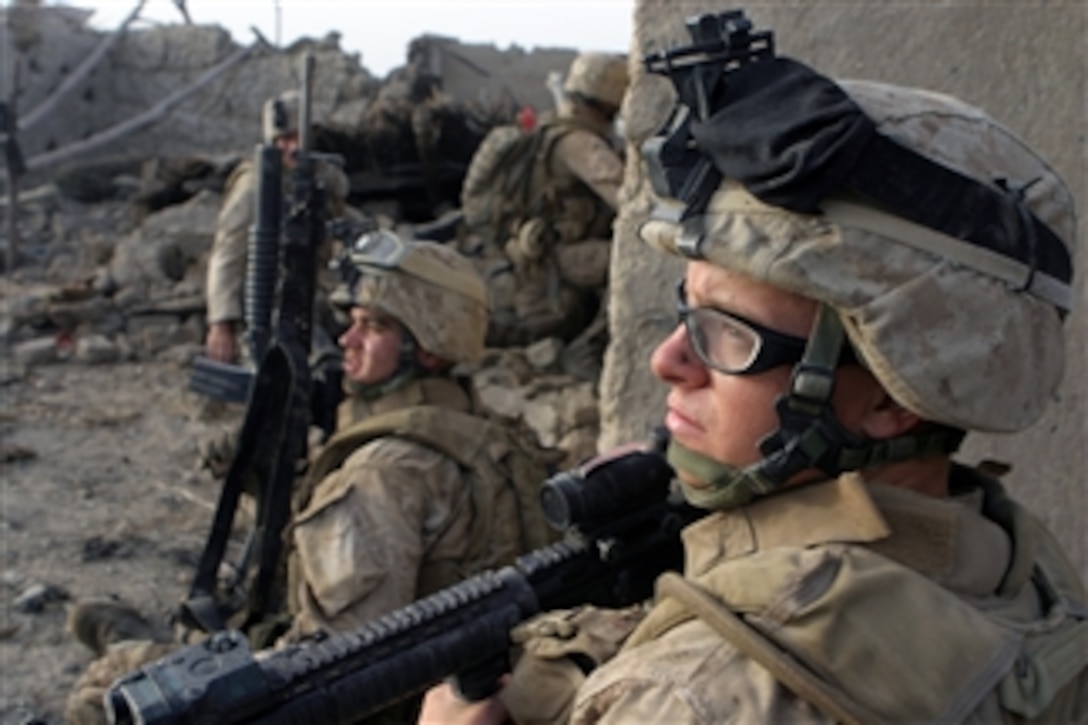U.S. Marines patrol an area of Garmsir in the Helmand province in Afghanistan on May 4, 2008.  The Marines are assigned to Alpha Company, 1st Battalion, 6th Marine Regiment, 24th Marine Expeditionary Unit, International Security Assistance Force.  
