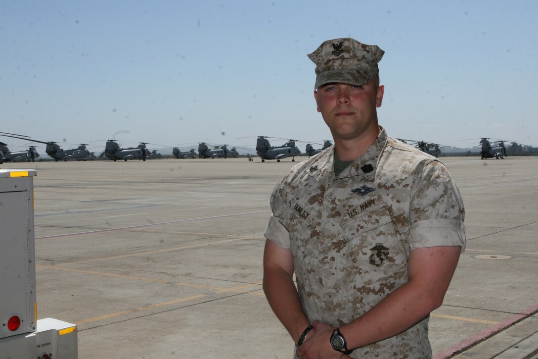 MARINE CORPS AIR STATION MIRAMAR, Calif. - Petty Officer 2nd Class Geoff Hunley, a hospital corpsman and native of The Dalles, Wash., is preparing for his first deployment with an air wing squadron. It will be his third deployment in support of Operation Iraqi Freedom. During his previous two deployments Hunley has helped save the lives of several Marines. His actions in combat have earned him a Navy Commendation Medal and a letter of appreciation from Adm. Mike Mullen, the then chief of naval operations. (U.S. Marine Corps photo by Lance Cpl. Austin Goacher) (Released)