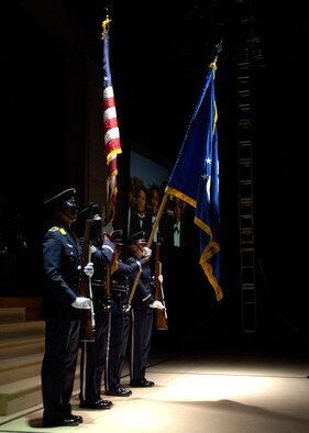 Members of the Holloman Steel Talons Honor Gaurd post the colors during the Tops in Blue concert performed at the Tays Special Events Center on the University of New Mexico-Alamogordo campus, June 2. Tops in Blue Celebrates more than 55 years of entertainment history. (U.S. Air Force photo/Airman 1st Class Michael Means)