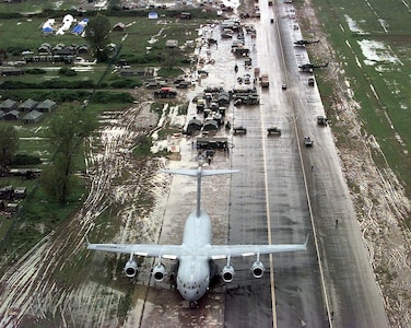 Relief supplies are offloaded from a Charleston C-17 at Tirana airfield, Albania, during Operation Sustain Hope April 14, 1999. Sustain Hope, a combined NATO and joint U.S. military humanitarian relief effort in the former nation of Yugoslavia, was one of many relief efforts the C-17 has been involved in during the past 15 years. (U.S. Air Force photo/Staff Sgt. Chris Steffen)