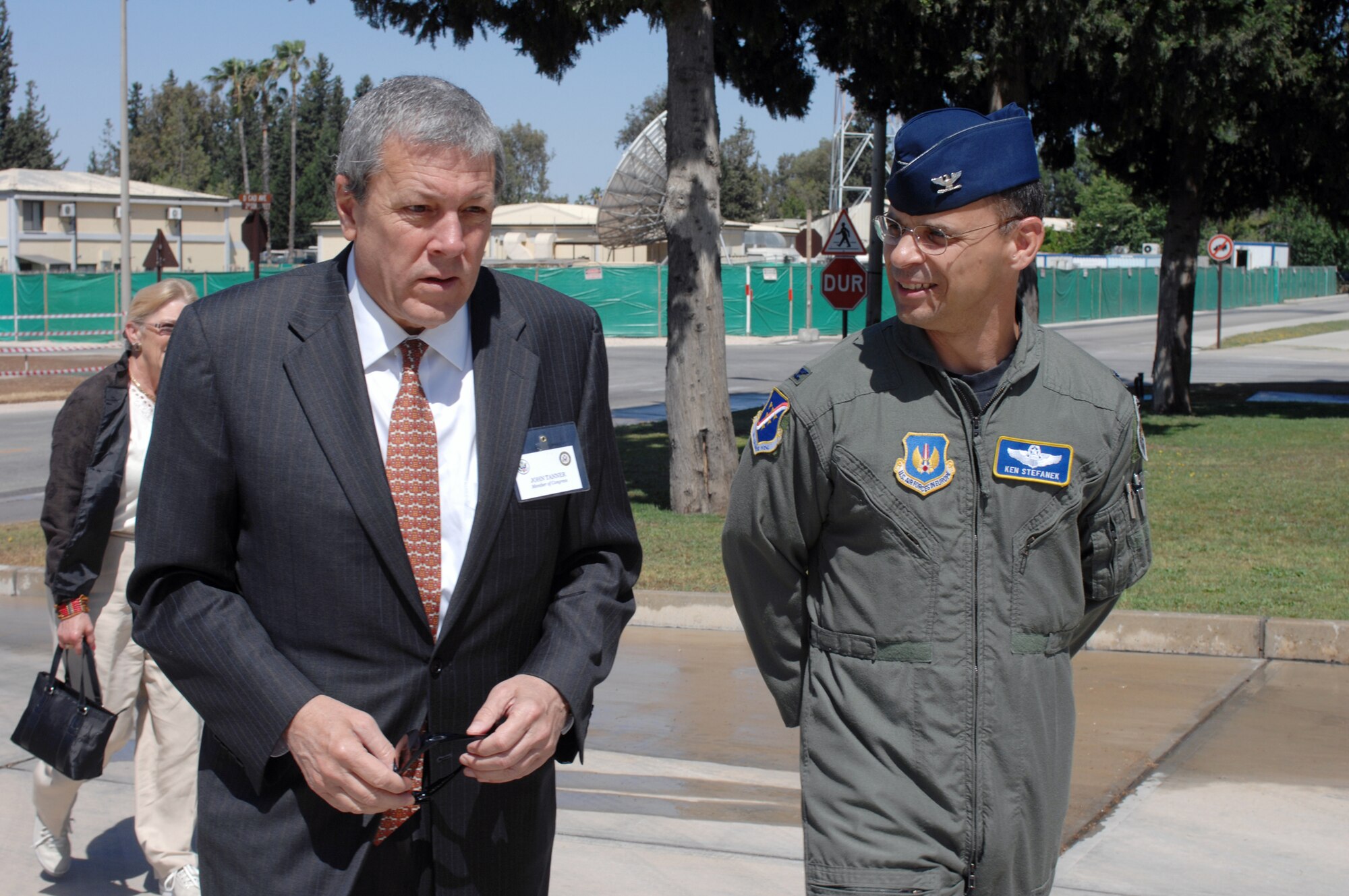 Col. Ken Stefanek, 39th Air Base Wing vice commander, welcomes Rep. John Tanner, eighth district of Tennessee, to Incirlik May 30 for a three-day visit to meet with constituents from base and to discuss governmental issues. (U.S. Air Force photo by Staff Sgt. Jeff Nevison)