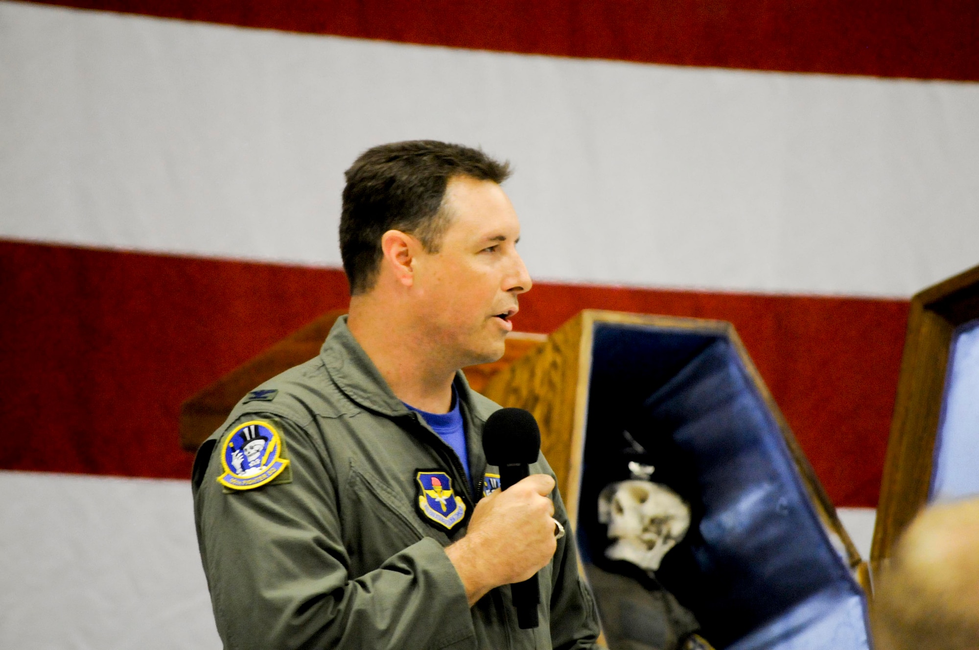 Col. John Bird, 325th Fighter Wing vice commander, welcomes attendees to the 2008 'Bonehead' Reunion hosted by the 95th Fighter Squadron May 30 - June 1. Colonel Bird welcomed former members of the 95th Fighter Squadron and their families during a social event May 30. (Photo by Capt. Justin Ripley)