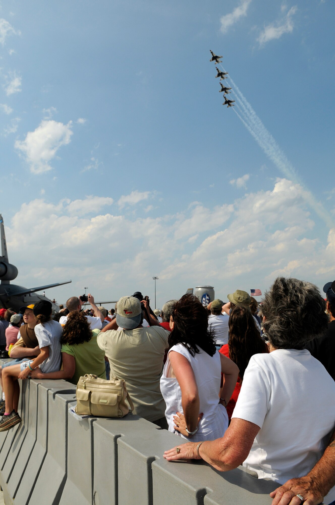 The U.S. Air Force Thunderbirds perform aerial maneuvers above the crowd at the 2008 McGuire Air Expo held May 31 and June 1. The air expo culminated the events of Air Force Week in Philadelphia, May 26-June 2. (U.S. Air Force photo/Kenn Mann)