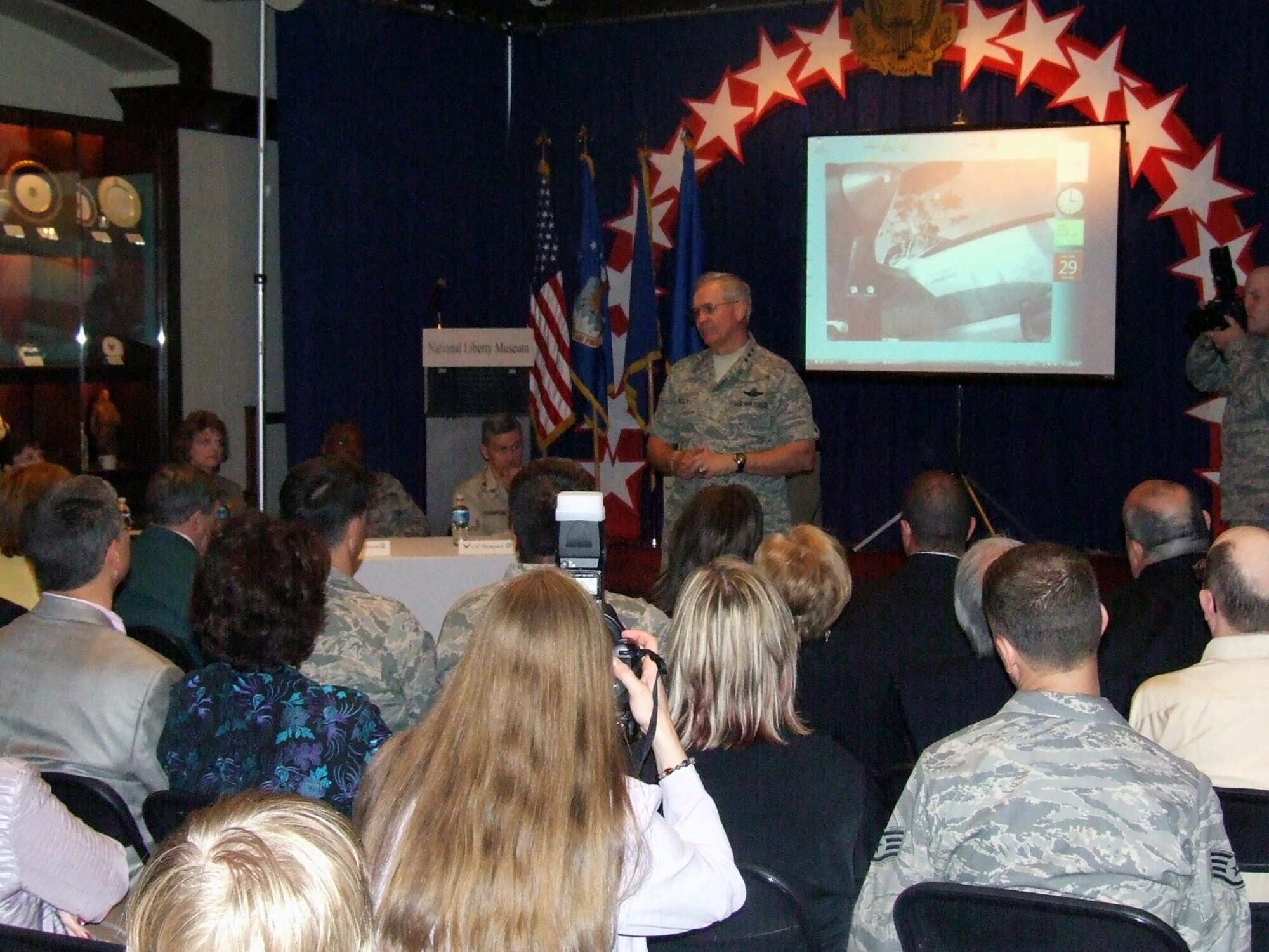 Lt. Gen. Chris Kelly, vice commander of Air Mobility Command at Scott Air Force Base, Ill., gives a speech on humanitarian airlift heritage and the feats of expeditionary Airmen today during an event for Air Force Week in Philadelphia May 29, 2008, at the National Liberty Museum.  (U.S. Air Force Photo/Tech. Sgt. Scott T. Sturkol)
