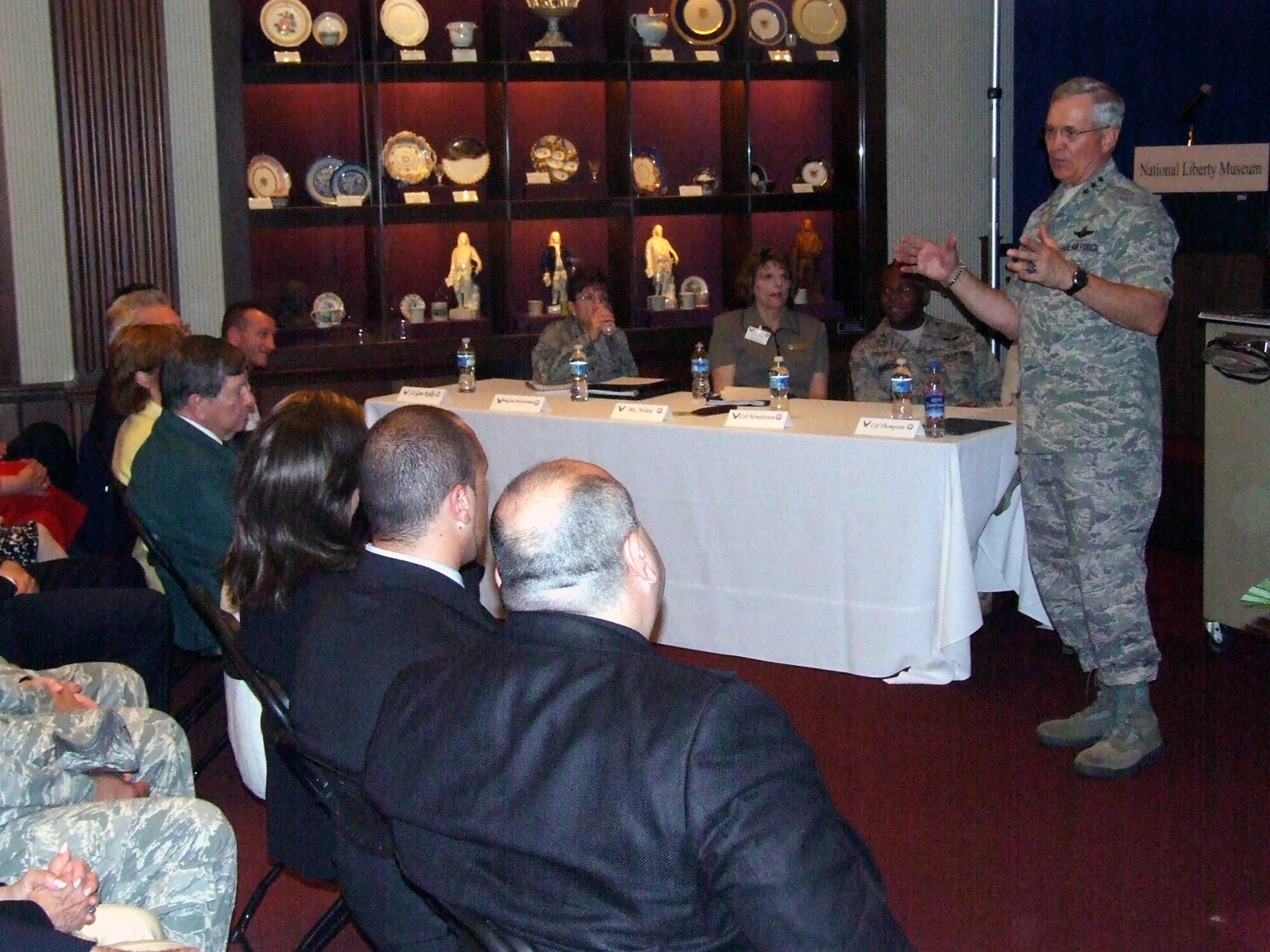Lt. Gen. Chris Kelly, vice commander of Air Mobility Command at Scott Air Force Base, Ill., gives a speech on humanitarian airlift heritage and the feats of expeditionary Airmen today during an event for Air Force Week in Philadelphia May 29, 2008, at the National Liberty Museum.  (U.S. Air Force Photo/Tech. Sgt. Scott T. Sturkol)