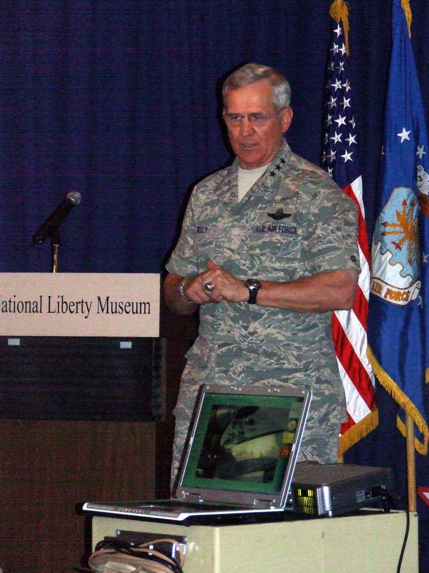 Lt. Gen. Chris Kelly, vice commander of Air Mobility Command at Scott Air Force Base, Ill., gives a speech on humanitarian airlift heritage and the feats of expeditionary Airmen today during an event for Air Force Week in Philadelphia May 29, 2008, at the National Liberty Museum.  (U.S. Air Force Photo/Tech. Sgt. Scott T. Sturkol)