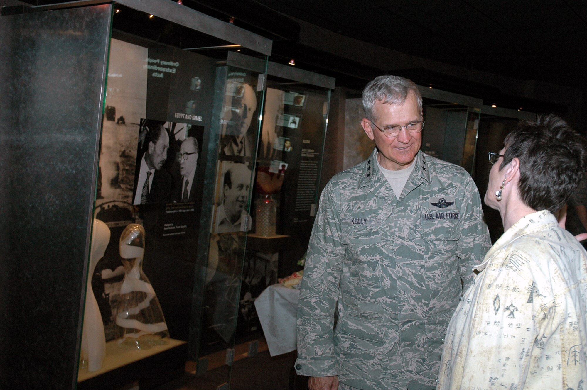 Lt. Gen. Chris Kelly, vice commander of Air Mobility Command at Scott Air Force Base, Ill., receives a tour of the National Liberty Museum in Philadelphia, May 29, as part of activities for Air Force Week in Philadelphia. General Kelly gave a speech at the museum as well highlighting the importance of humanitarian airlift and Air Mobility Command's role in the global war on terror. (U.S. Air Force Photo/Tech. Sgt. Scott T. Sturkol) 