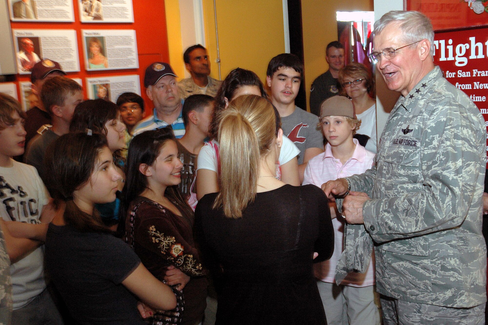 Lt. Gen. Chris Kelly, vice commander of Air Mobility Command at Scott Air Force Base, Ill., greets children in the National Liberty Museum in Philadelphia, May 29, as part of activities for Air Force Week in Philadelphia. General Kelly gave a speech at the museum as well highlighting the importance of humanitarian airlift and Air Mobility Command's role in the global war on terror. (U.S. Air Force Photo/Tech. Sgt. Scott T. Sturkol) 