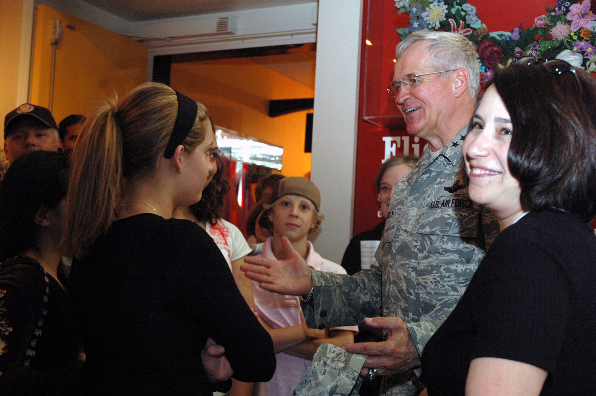 Lt. Gen. Chris Kelly, vice commander of Air Mobility Command at Scott Air Force Base, Ill., greets children in the National Liberty Museum in Philadelphia, May 29, as part of activities for Air Force Week in Philadelphia. General Kelly gave a speech at the museum as well highlighting the importance of humanitarian airlift and Air Mobility Command's role in the global war on terror. (U.S. Air Force Photo/Tech. Sgt. Scott T. Sturkol) 