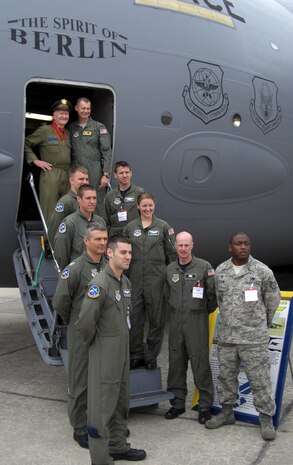 Col. John "Red" Millander and the crew of the "Spirit of Berlin" C-17 met with Col. Gail Halvorsen, the "Candy Bomber" at the Berlin Air Show May 27. This year's Berlin Air Show marked the 60th anniversary of the Berlin Airlift. (Courtesy photo)
