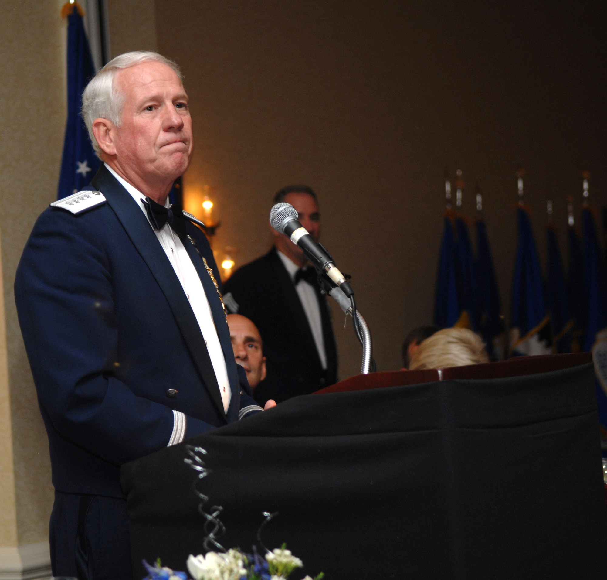Gen. William R. Looney III addresses the crowd during the Order of the Sword presentation ceremony May 30 in San Antonio. The general received the highest honor the enlisted corps can bestow upon its leader. General Looney is the commander of Air Education and Training Command. (U.S. Air Force photo/Joel Martinez) 
