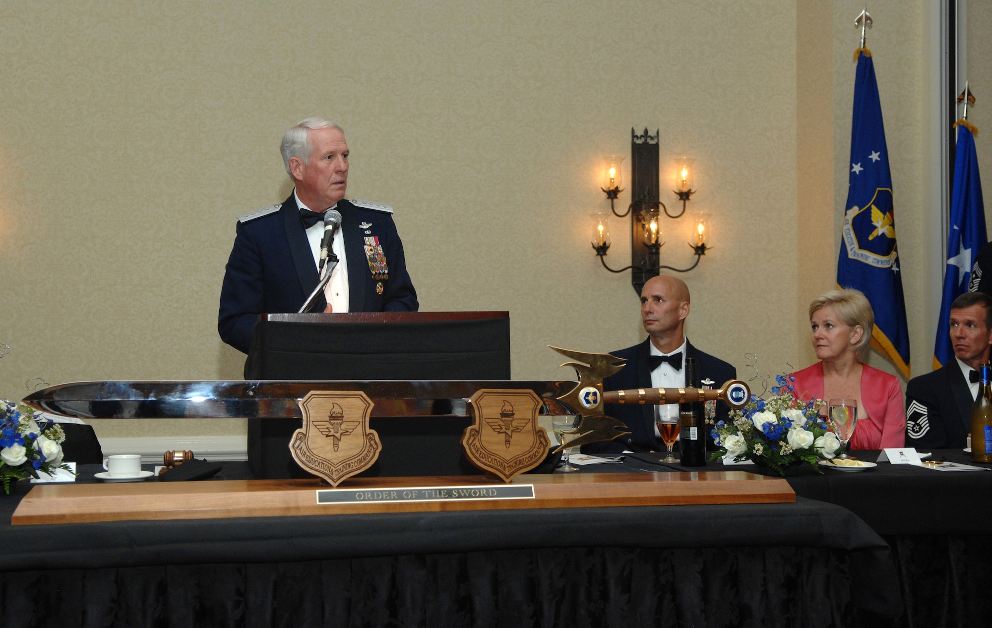Gen. William R. Looney III addresses the crowd during the Order of the Sword presentation ceremony May 30 in San Antonio. The general received the highest honor the enlisted corps can bestow upon its leader. General Looney is the commander of Air Education and Training Command. (U.S. Air Force photo/Joel Martinez) 
