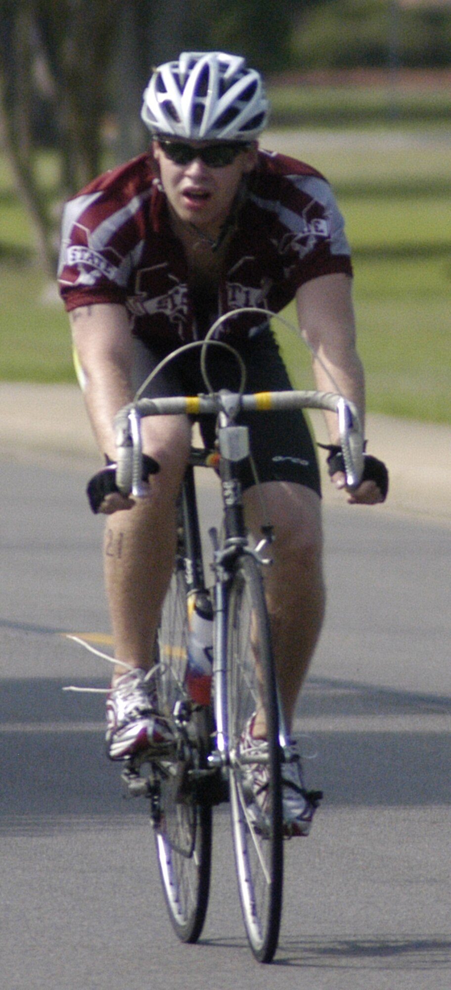 Mark Waldrop rushes to complete the biking portion of the Saturday’s triathlon to continue on with the running course around Columbus AFB. His final time was one hour, 36 minutes and 38 seconds. (U.S. Air Force photo by Airman Josh Harbin)
