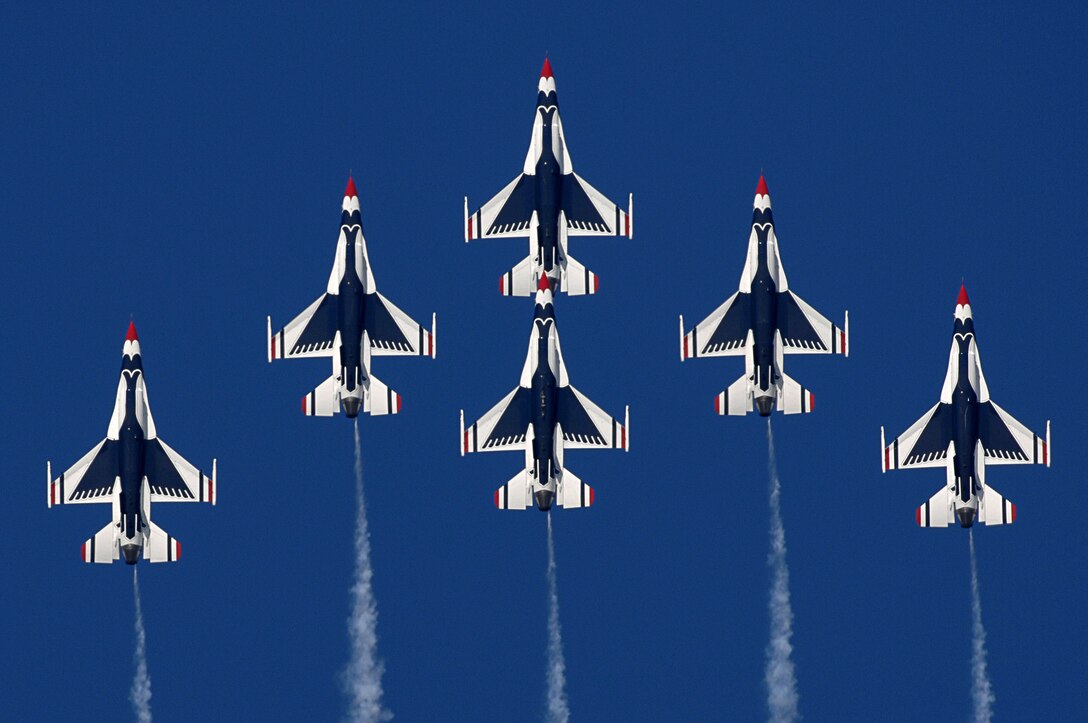 The Air Force Thunderbirds headlined the 2008 McGuire Air Expo May 31 and June 1 at McGuire Air Force Base, N.J. The Airmen of the air demonstration squadron perform precision aerial maneuvers demonstrating the capabilities of Air Force high performance aircraft to people throughout the world. (U.S. Air Force) 