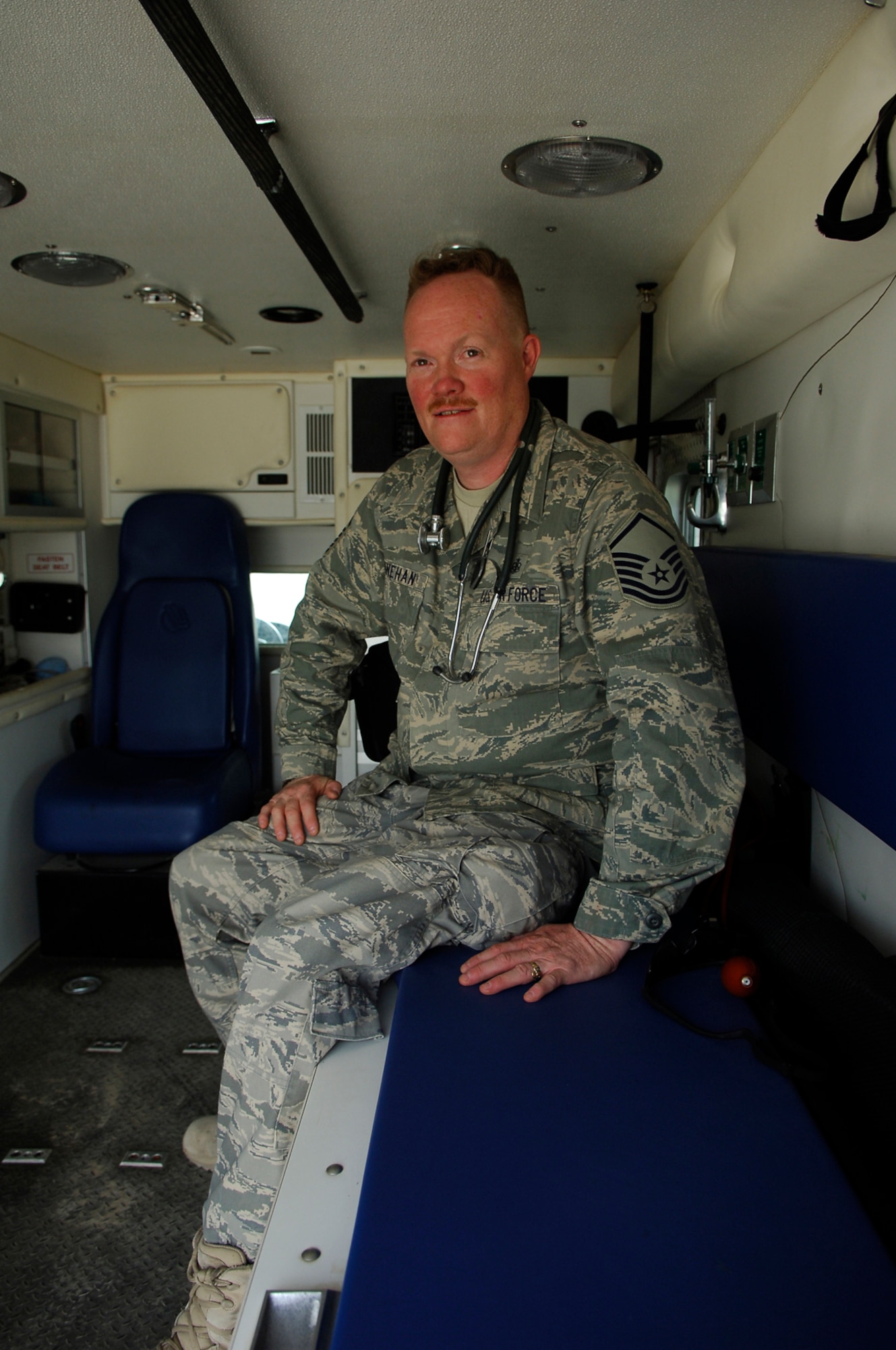 BALAD AIR BASE, Iraq -- Master Sgt. Michael Linnehan is the 332nd Expeditionary Aeromedical Squadron Contingency Aeromedical Staging Facility noncommissioned office in charge of in-flight emergencies. He ensures ambulances and crews are ready to respond situations on the flightline at a moment?s notice. Sergeant Linnehan, a Reservist deployed from Westover Air Reserve Base, Mass., works full-time as an emergency medical technician and a Tae Kwon Do school instructor and owner. (U.S. Air Force photo /Staff Sgt. Mareshah Haynes) 
