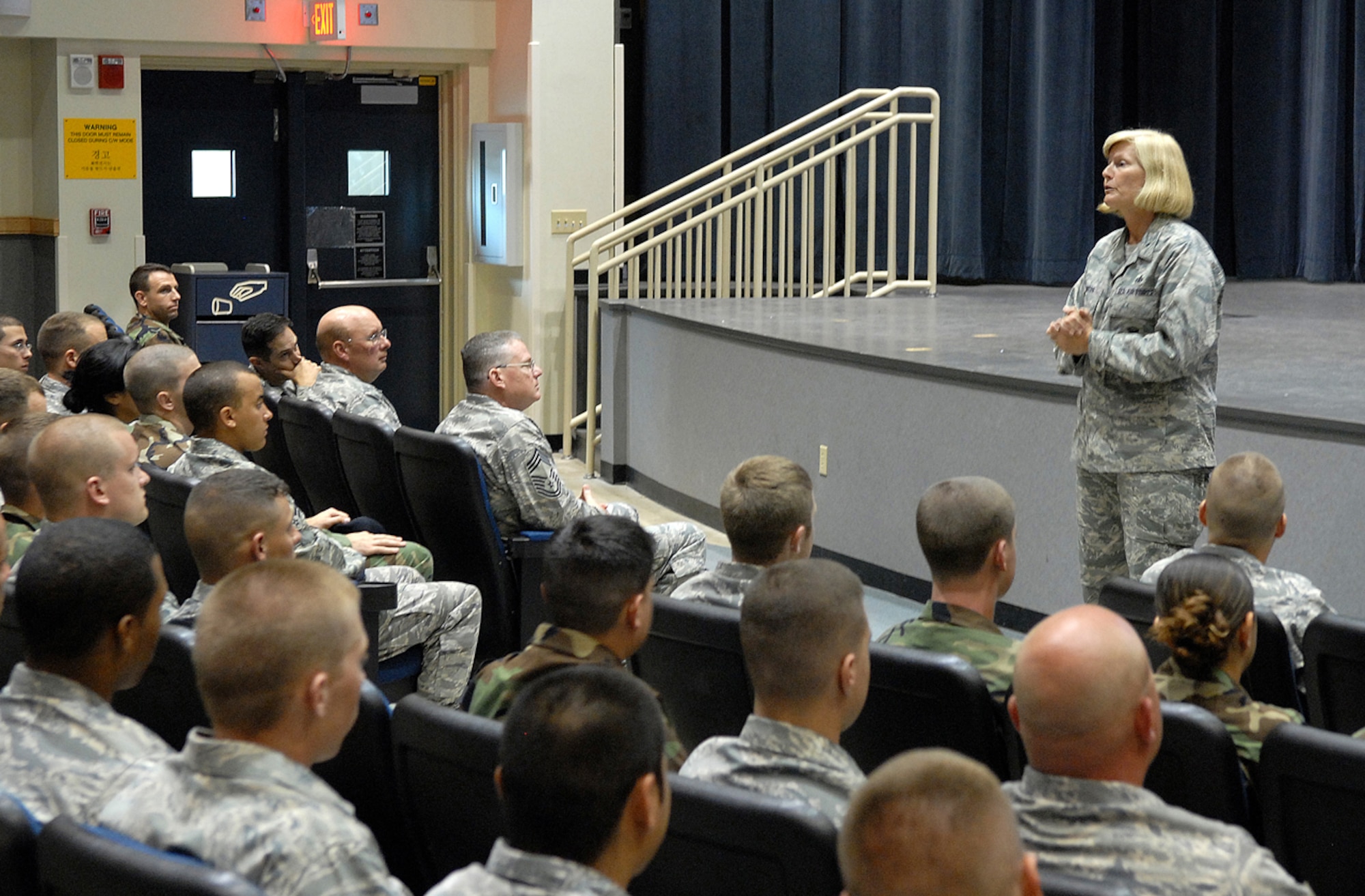 KUNSAN AIR BASE, Republic of Korea -- Brigadier General Mary Kay Hertog, Director of Security Forces, speaks with Kunsan Airmen during her visit here June 4. General Hertog visited the Wolf Pack to discuss upcoming changes that directly affect security forces Airmen. (U.S. Air Force photo/Senior Airman Giang Nguyen)