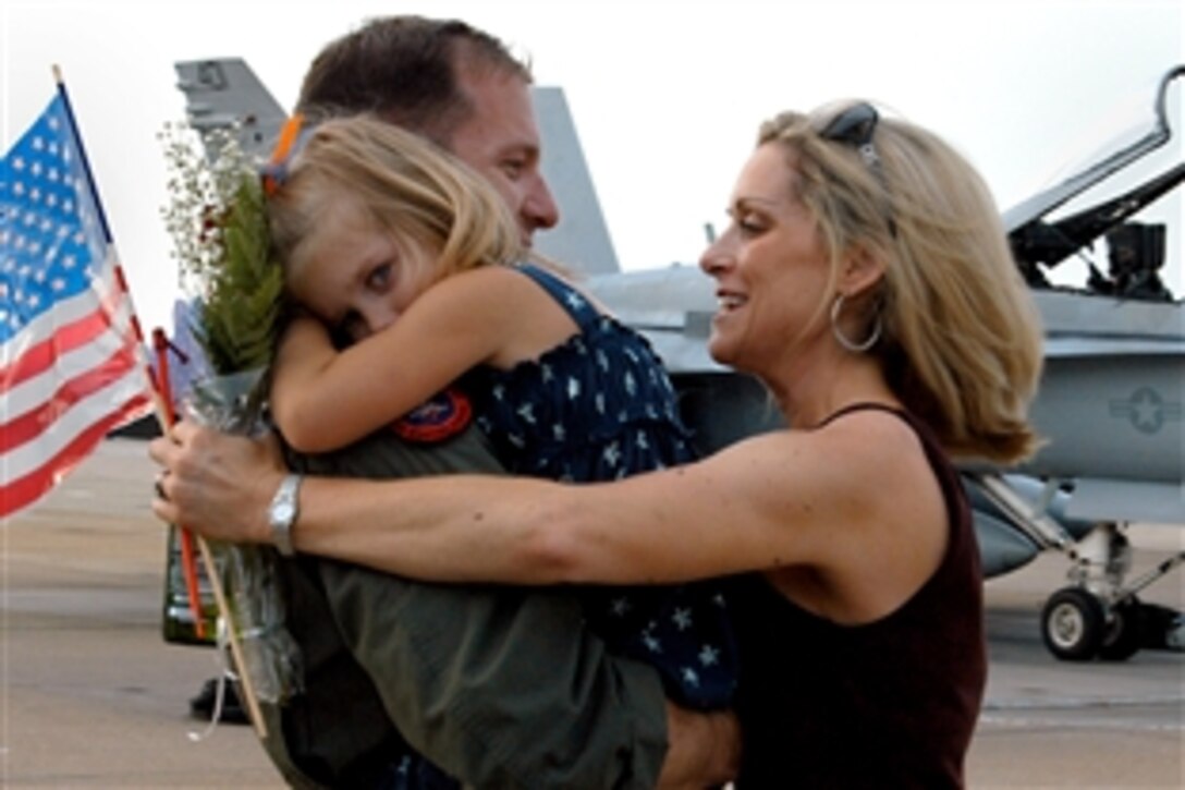 U.S. Navy Cmdr. John Capizzi, executive officer of the Strike Fighter Squadron 81 "Sunliners," reunites with his wife after returning from a deployment, Virginia Beach, Va., June 3, 2008. 
