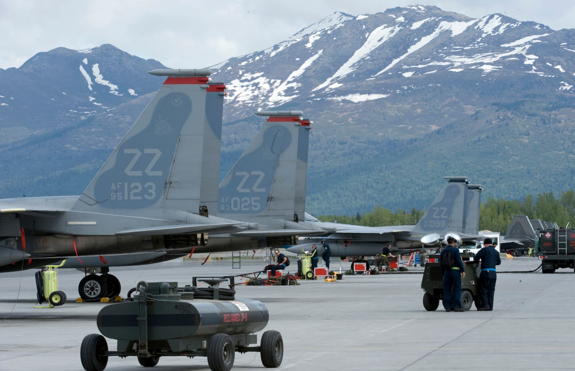 F-15 Eagles from the 44th Fighter Squadron sit on the Elmendorf Air Force Base flightline Wednesday. The 18th Wing is participating in Red Flag--a combat aerial exercise  for U.S. and allied military forces to practice combat operations.  (U.S. Air Force photo/Airman 1st Class Matthew Owens)
