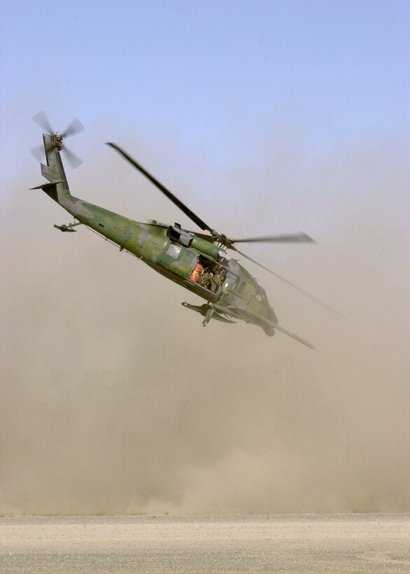 02 June 2001.  A HH-60 from the 210th Rescue Squadron, Kulis, Air National Guard Base, Anchorage Alaska takes off from the Malamute Drop Zone, Elmendorf, AFB during a capability exercise.   Photo by: Paul D. Charron, SMSgt, AANG        