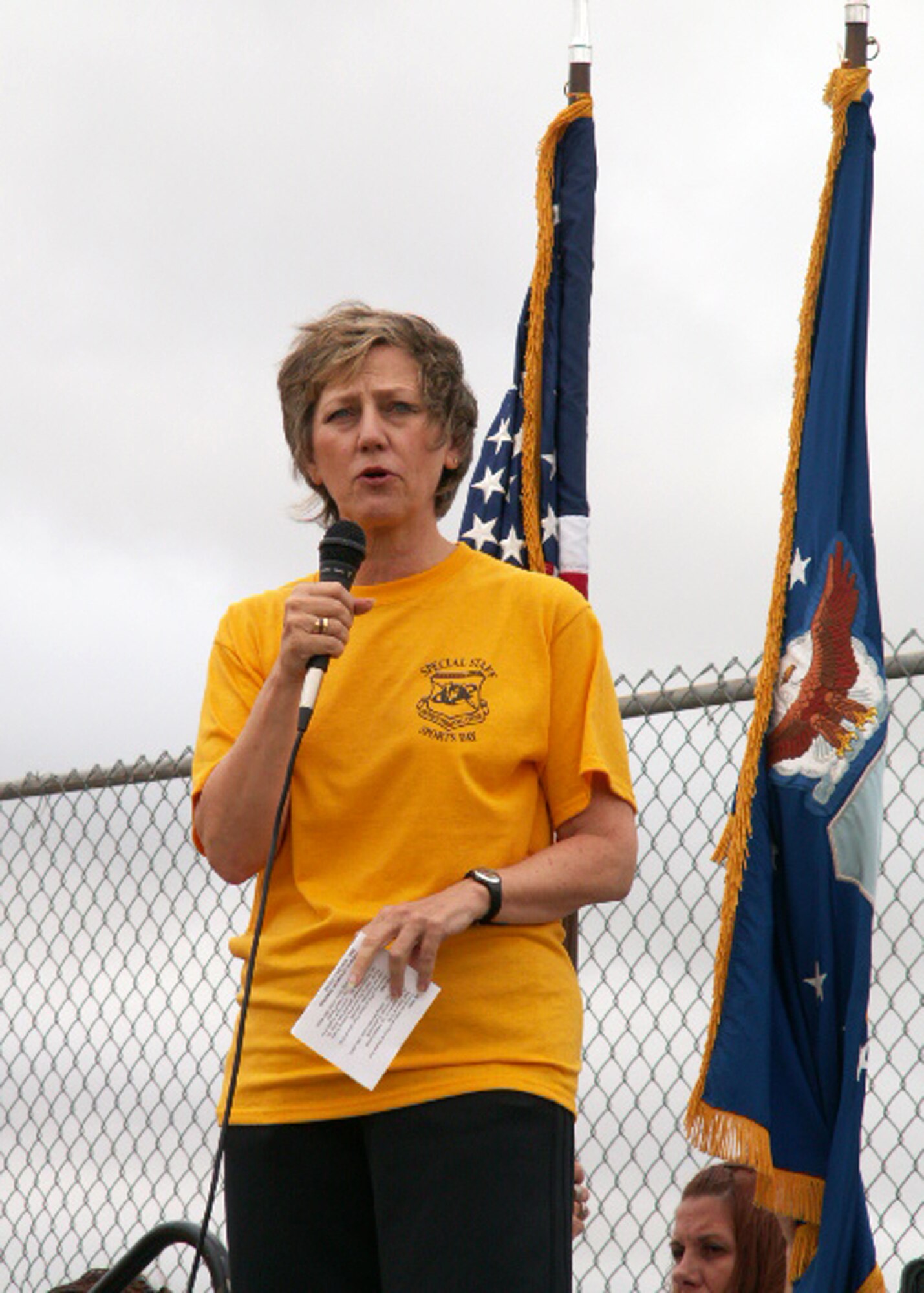 Maj. Gen. K.C. McClain, Air Force Personnel Center commander here at Randolph Air Force Base, Texas, encourages participation from all AFPC staff members during sports day June 4. She cited increased camaraderie and better working relationships as the result. (US Air Force photo/Master Sgt. Kat Bailey) 