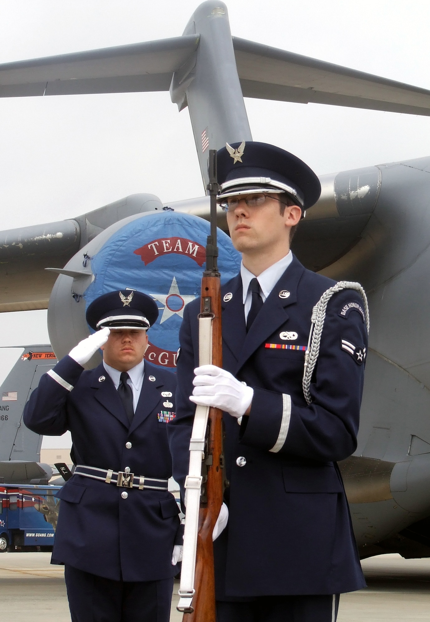 Airmen from the McGuire Air Force Base Honor Guard participate in a wreath-laying ceremony during McGuire's Air Expo May 31, 2008.  Air Expo 2008 was the culminating event for Air Force Week in Philadelphia and drew more than 170,000 people to the base to see aircraft static and aerial displays and numerous other entertainment options.  (U.S. Air Force Photo/Tech. Sgt. Scott T. Sturkol)