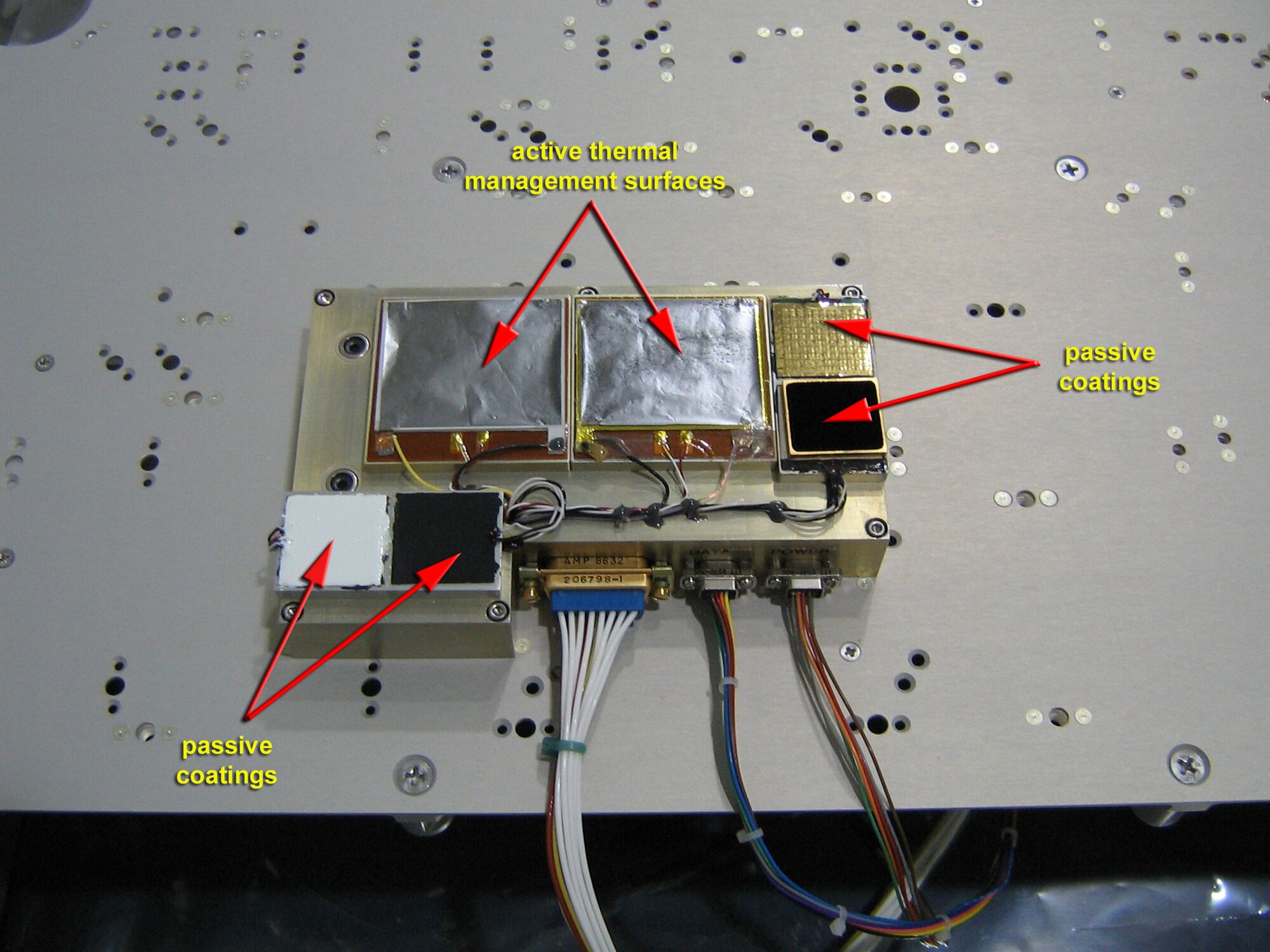 Two active thermal management surfaces and four passive coatings packaged on the MISSE-6 flight module are shown. Pictures are courtesy of Sensortek Inc. and ATEC Inc.