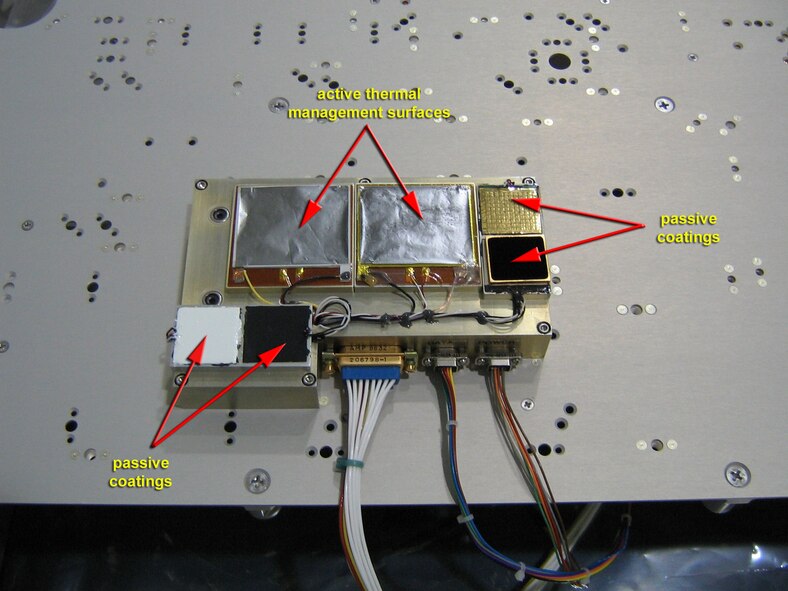 Two active thermal management surfaces and four passive coatings packaged on the MISSE-6 flight module are shown. (Photo courtesy of Sensortek Inc., and ATEC Inc.)
