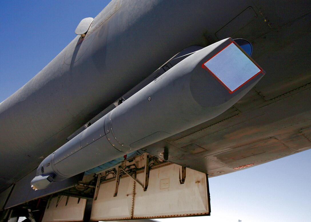 A sniper pod is mounted on the lower right of a B-1B Lancer fuselage. The sniper pod allows the aircrew to positively identify a target and quickly assess battle damage after an attack. (U.S. Air Force photo/Jet Fabara) 
