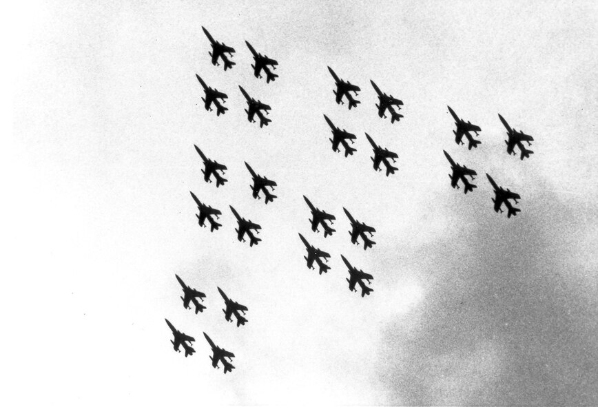 The 24-ship flyover formation, Diamonds on Diamonds, was used at the F-105 retirement at Hill Air Force Base in 1985.  