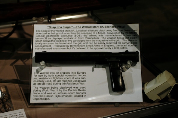 DAYTON, Ohio - Welrod Mark IIA Silenced Pistol on display in the World War II Gallery at the National Museum of the U.S. Air Force. (U.S. Air Force photo)  