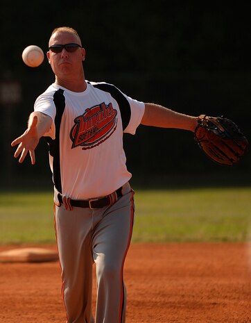 Eric Hale pitches during an intramural softball game at the softball fields on Charleston AFB June 4. Hale plays for the 437 AMXS "Inmates."