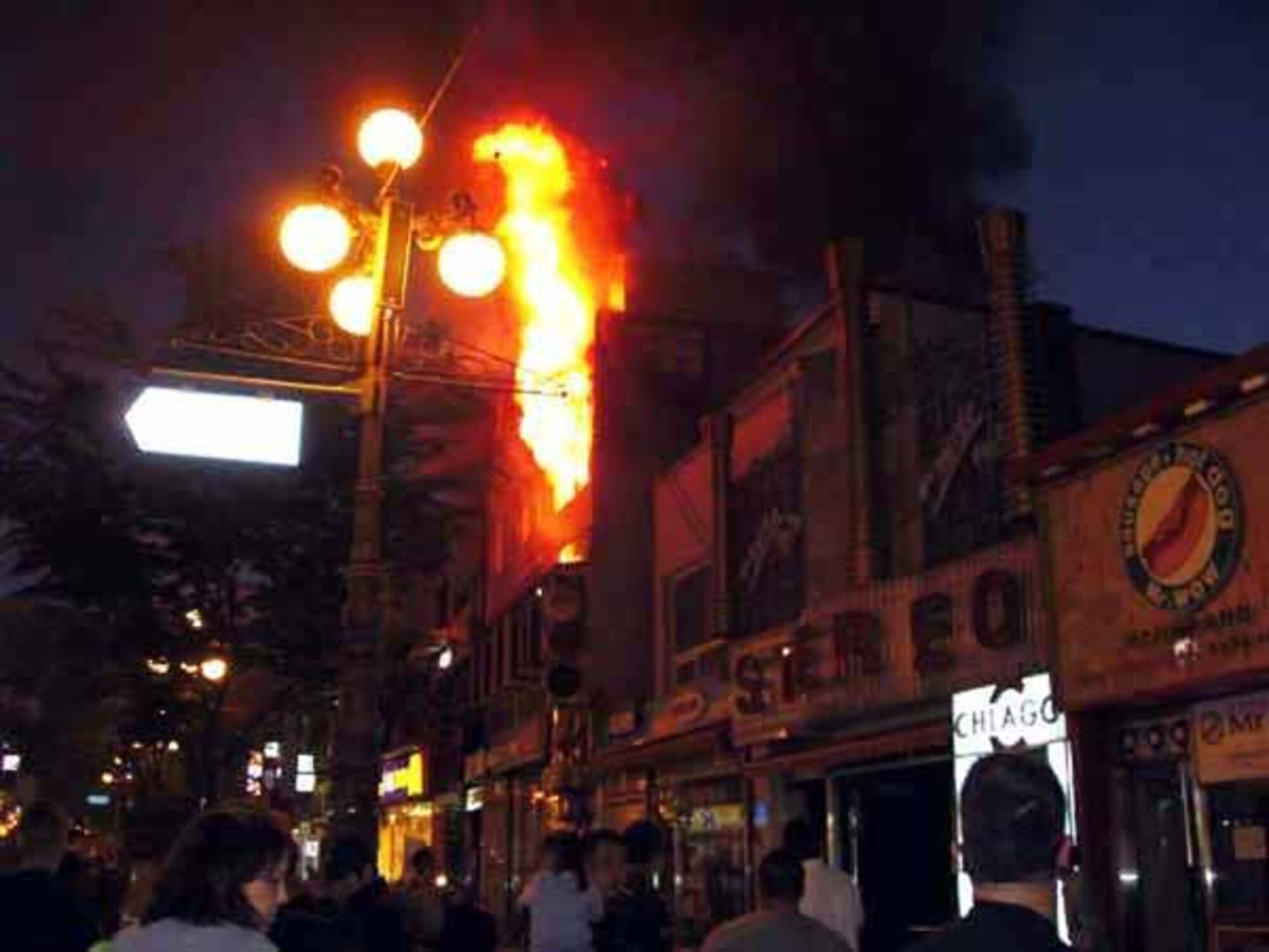 OSAN AIR BASE, Republic of Korea -- A fire engulfs a local restaurant May 30. Members of the 51st Security Forces Squadron Town Patrol were among the first  responders, helped evacuate patrons and provide crowd control until local authorities arrived. (Courtesy photo)