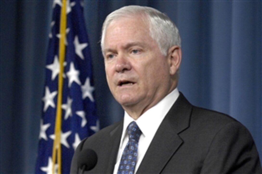 U.S. Defense Secretary Robert M. Gates announces that he has accepted the resignations of both Secretary of the Air Force Michael W. Wynne and Air Force Chief of Staff Gen. T. Michael Moseley at a Pentagon press conference, June 5, 2008. Gates accepted the resignation in connection with two incidents, occuring in 2006 and 2007, involving the mishandling of nuclear weapons components. 