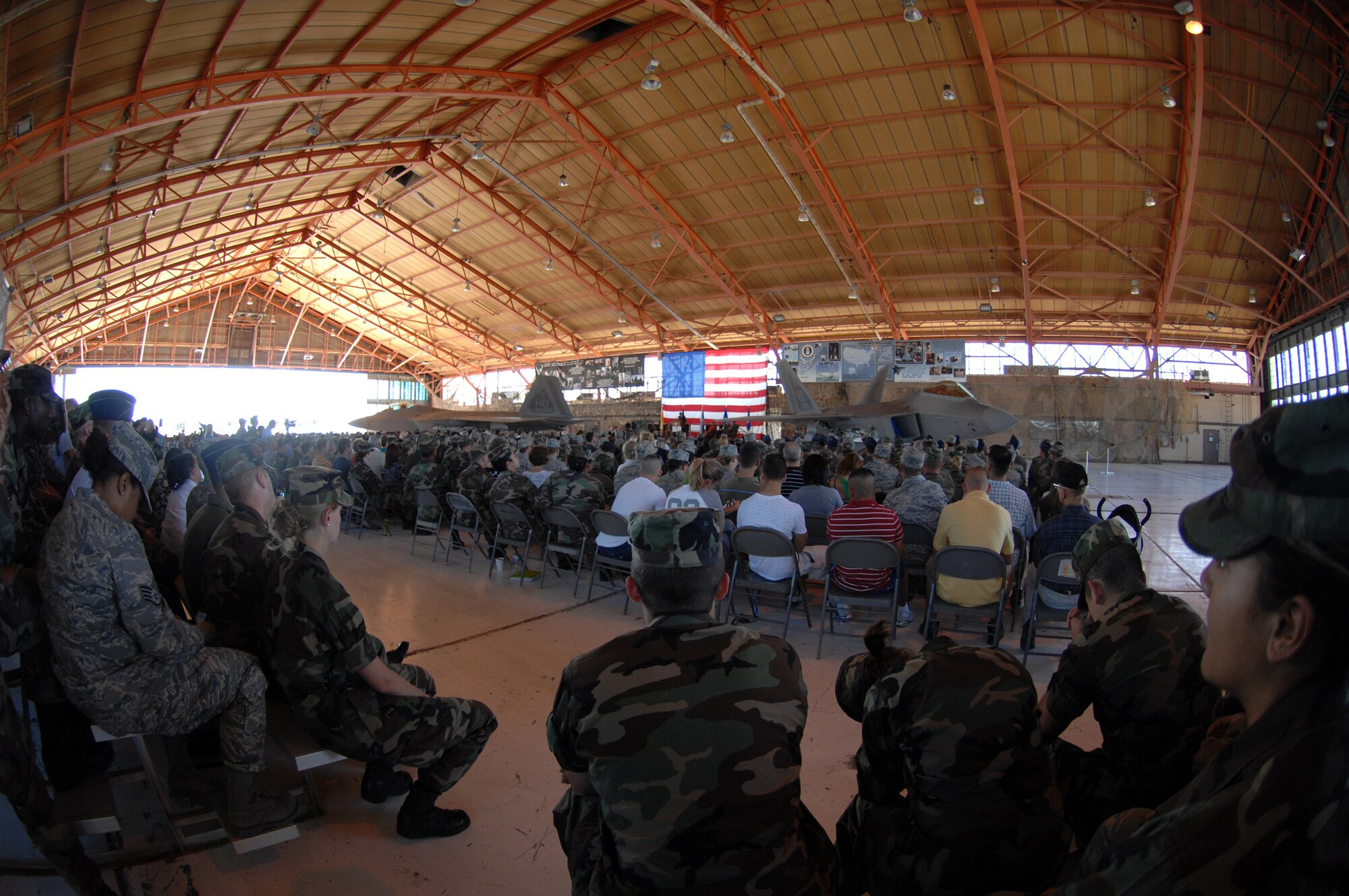 More than 300 members of Team Holloman attended the F-22A Raptor Arrival and Total Force Integration Ceremony in Hangar 500 June 6 on Holloman Air Force Base, N.M. The Chief of Staff of the Air Force, Gen. T. Michael Moseley, spoke at the ceremony along with the governor of New Mexico, Governor Bill Richardson. (U.S. Air Force photo/Senior Airman Anthony Nelson Jr)
