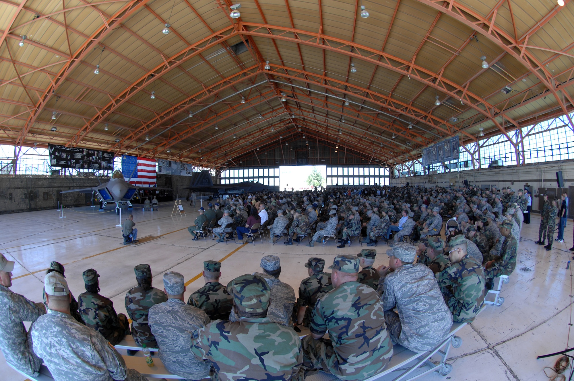 More than 300 members of Team Holloman attended the F-22A Raptor Arrival and Total Force Integration Ceremony in Hangar 500 June 6 on Holloman Air Force Base, N.M. The Chief of Staff of the Air Force, Gen. T. Michael Moseley, spoke at the ceremony along with the governor of New Mexico, Governor Bill Richardson. (U.S. Air Force photo/Senior Airman Anthony Nelson Jr)