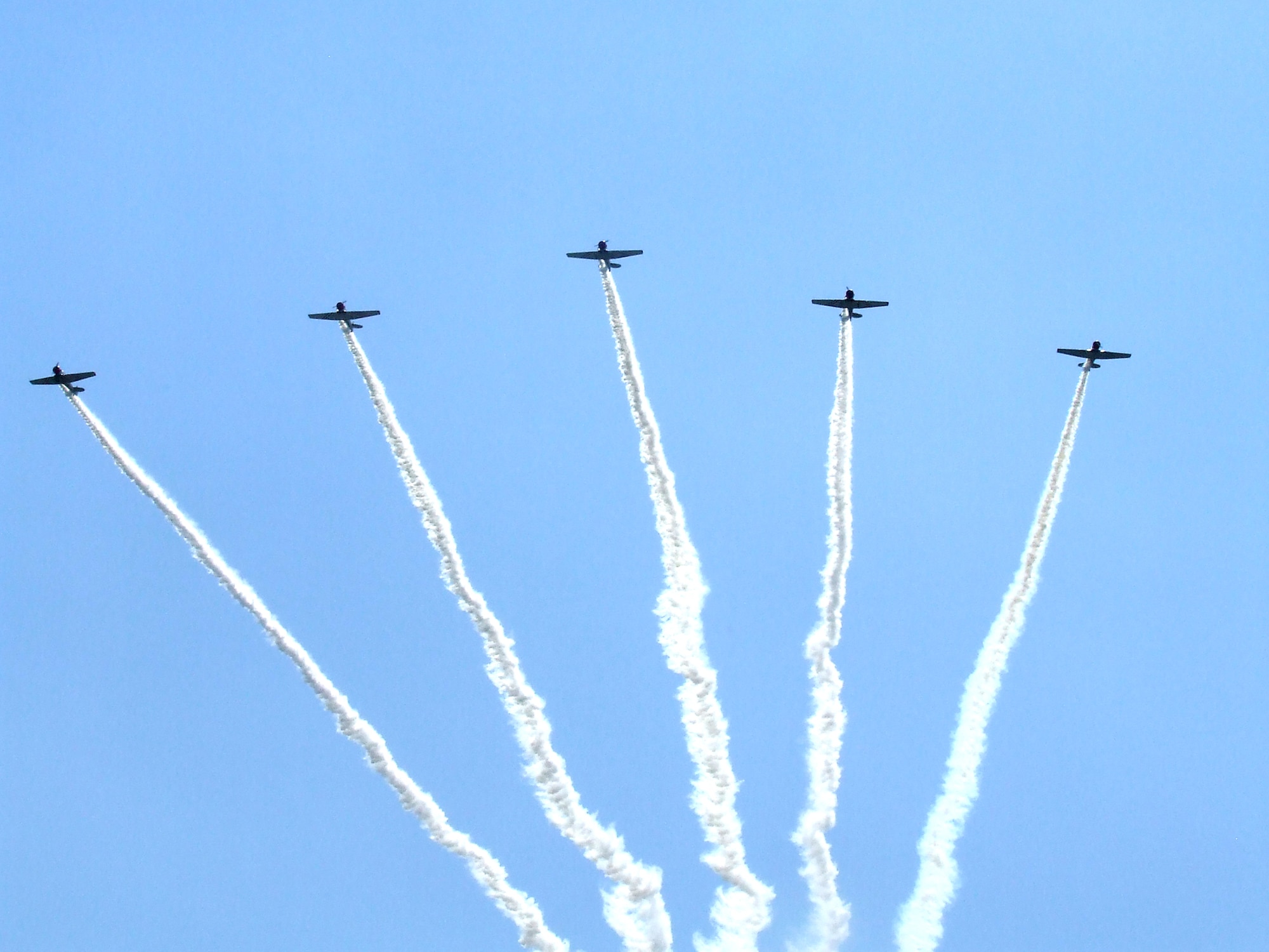 The Geico "Skywriters" fly World War II era aircraft in a formation during an aerial demonstration over McGuire Air Force Base, N.J., for the McGuire Air Expo June 1, 2008.  (U.S. Air Force Photo/Tech. Sgt. Scott T. Sturkol)
