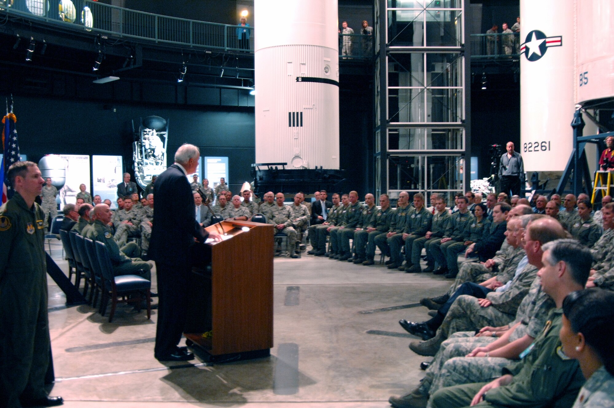 DAYTON, Ohio - Air Force Secretary Michael Wynne addresses those in attendance at the Peacekeeper Missile dedication ceremony at the National Museum of the United States Air Force June 6. (Air Force photo by Ben Strasser)