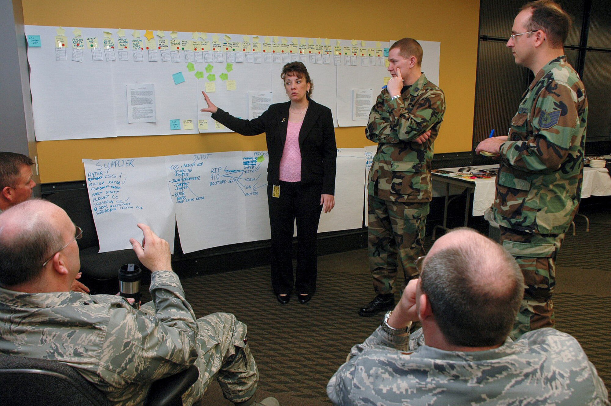 Linda Berry leads a group discussion on the value-stream mapping portion May 7 at Harley-Davidson University in Milwaukee. Value-stream mapping is a process where each individual step of a job is listed on a post-it note on a wall and examined for any areas of wasted time or effort. Ms. Berry is an Air Force Smart Operations for the 21st century instructor. (U.S. Air Force photo/Senior Airman Nathan Wallin) 
