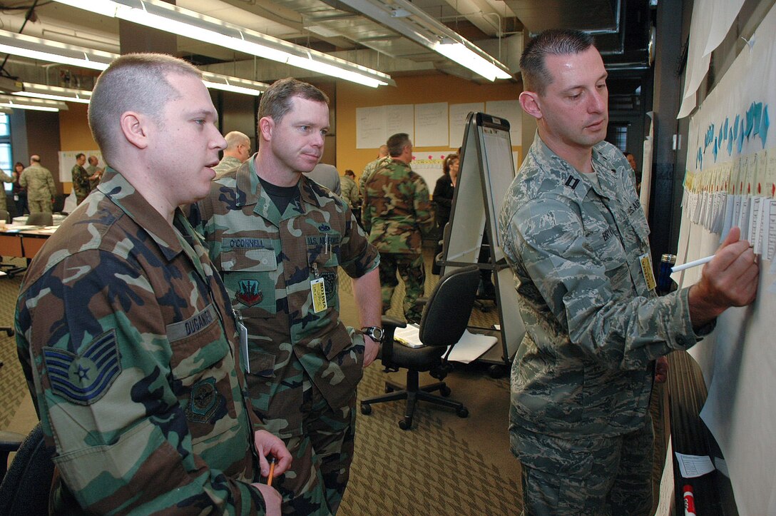 Tech. Sgt. Michael Duganieri, Master Sgt. Sean O'Connell and Capt. Gregory Bryant discuss the value-stream mapping portion of the Air Force Smart Operations for the 21st century process May 7 at Harley-Davidson University in Milwaukee. Sergeant Duganieri is a 171st Air Refueling Wing crew chief with the Pennsylvania Air National Guard. Sergeant O'Connell is a 120th Fighter Wing maintenance group resource adviser with the Montana Air National Guard. Captain Bryant is a 121st Air Refueling Wing budget officer with the Ohio Air National Guard. (U.S. Air Force photo/Senior Airman Nathan Wallin) 