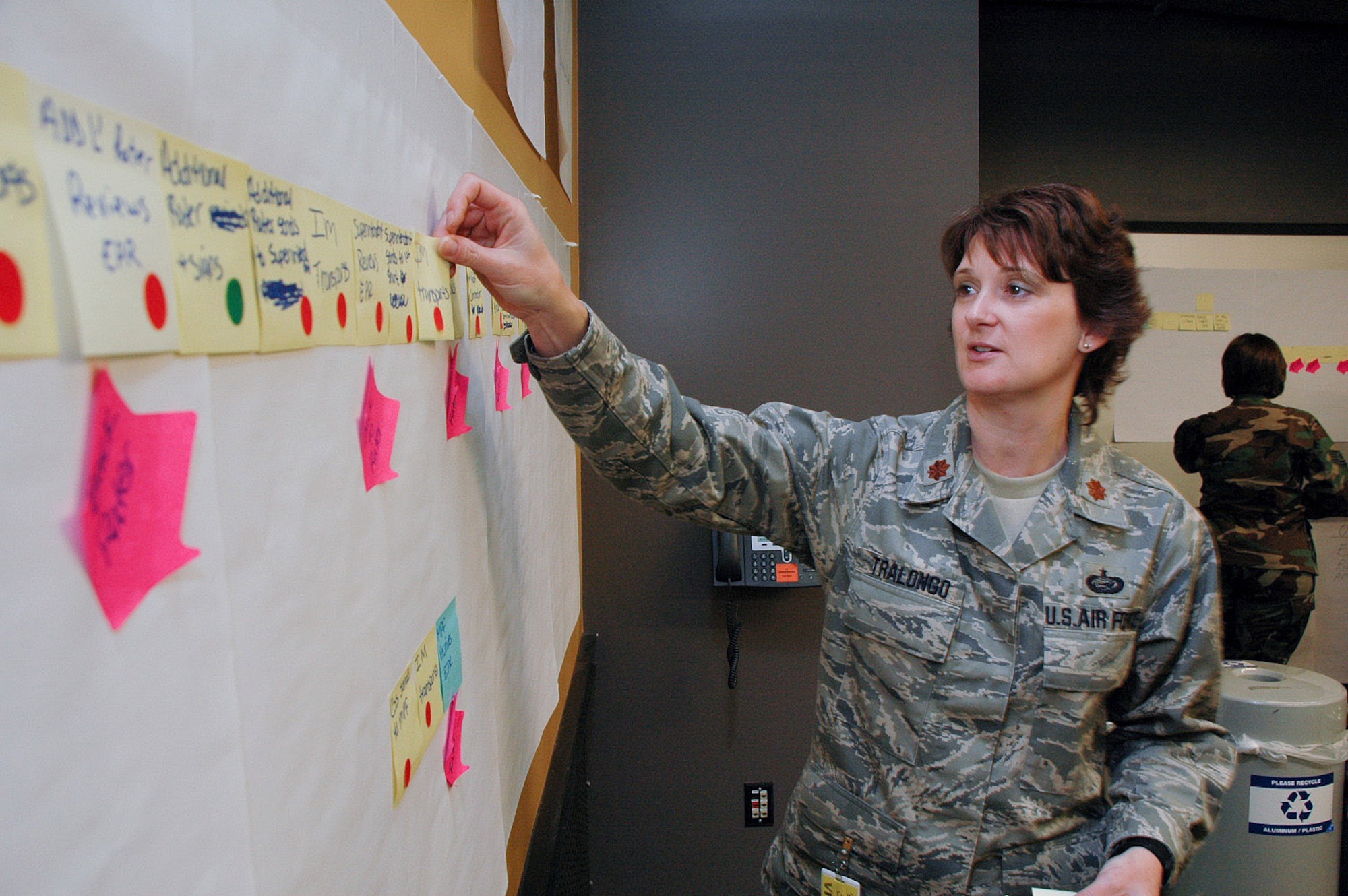 Maj. Caressa Tralongo maps out each step of a job during the value-stream mapping portion of the Air Force Smart Operations for the 21st century facilitator training: Training the trainers May 7 at Harley-Davidson University in Milwaukee. Major Tralongo is the 128th Mission Support Flight commander from the Wisconsin Air National Guard. (U.S. Air Force photo/Senior Airman Nathan Wallin)
