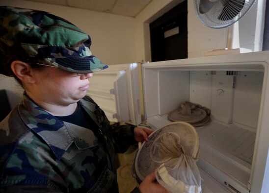 MOODY AIR FORCE BASE, Ga. -- Staff Sgt. Crystal Mateleska, 23rd Aeromedical Dental Squadron NCO-in-charge of community health, puts mosquitoes that were caught in traps on base into a freezer here June 3. The mosquitoes are placed in the freezer over night before they are inspected the next day. (U.S. Air Force photo by Senior Airman Gina Chiaverotti) 
