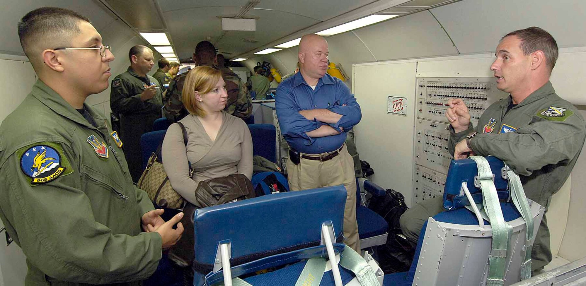 The 552nd Air Control Wing hosted two of U.S. Representative Mary Fallin's staff members on an E-3 Sentry orientation flight May 29.  Bryce Walker, Military Legislative assistant and Nate Webb, Cjoef pf Staff for Representative Fallin, enjoyed a six hour orientation flight and learned from various crewmembers about the capailities of the E-3 and the mission of the 552nd ACW.  (Air Force photo by Margo Wright)
