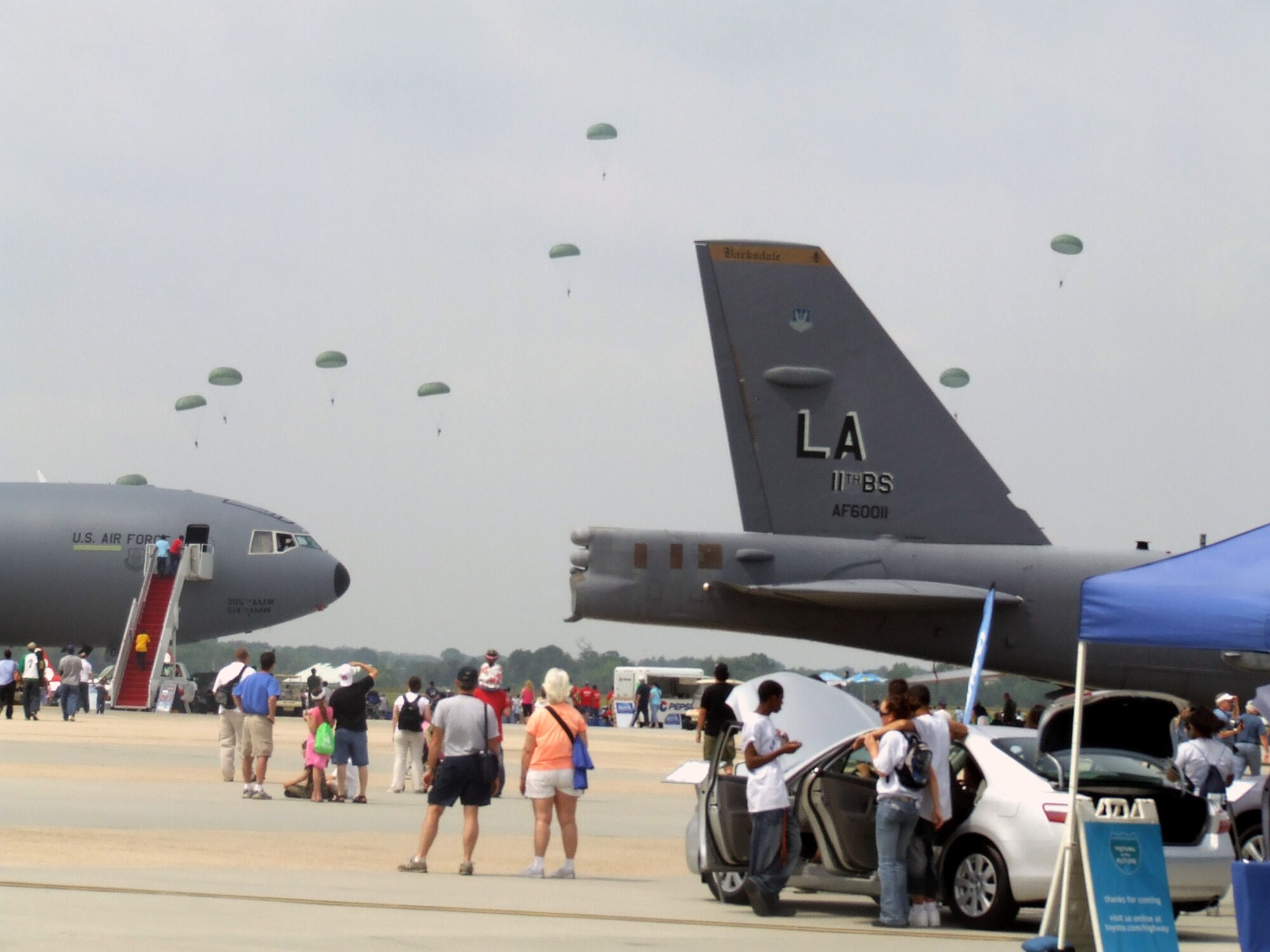 Paratroopers from the U.S. Army's 82nd Airborne Division jump from a McGuire Air Force Base, N.J., C-17 Globemaster III during an event for McGuire Air Expo 2008 May 31.  The expo drew more than 170,000 visitors over two days and it was the culminating event for Air Force Week in Philadelphia.  (U.S. Air Force Photo/Tech. Sgt. Scott T. Sturkol)