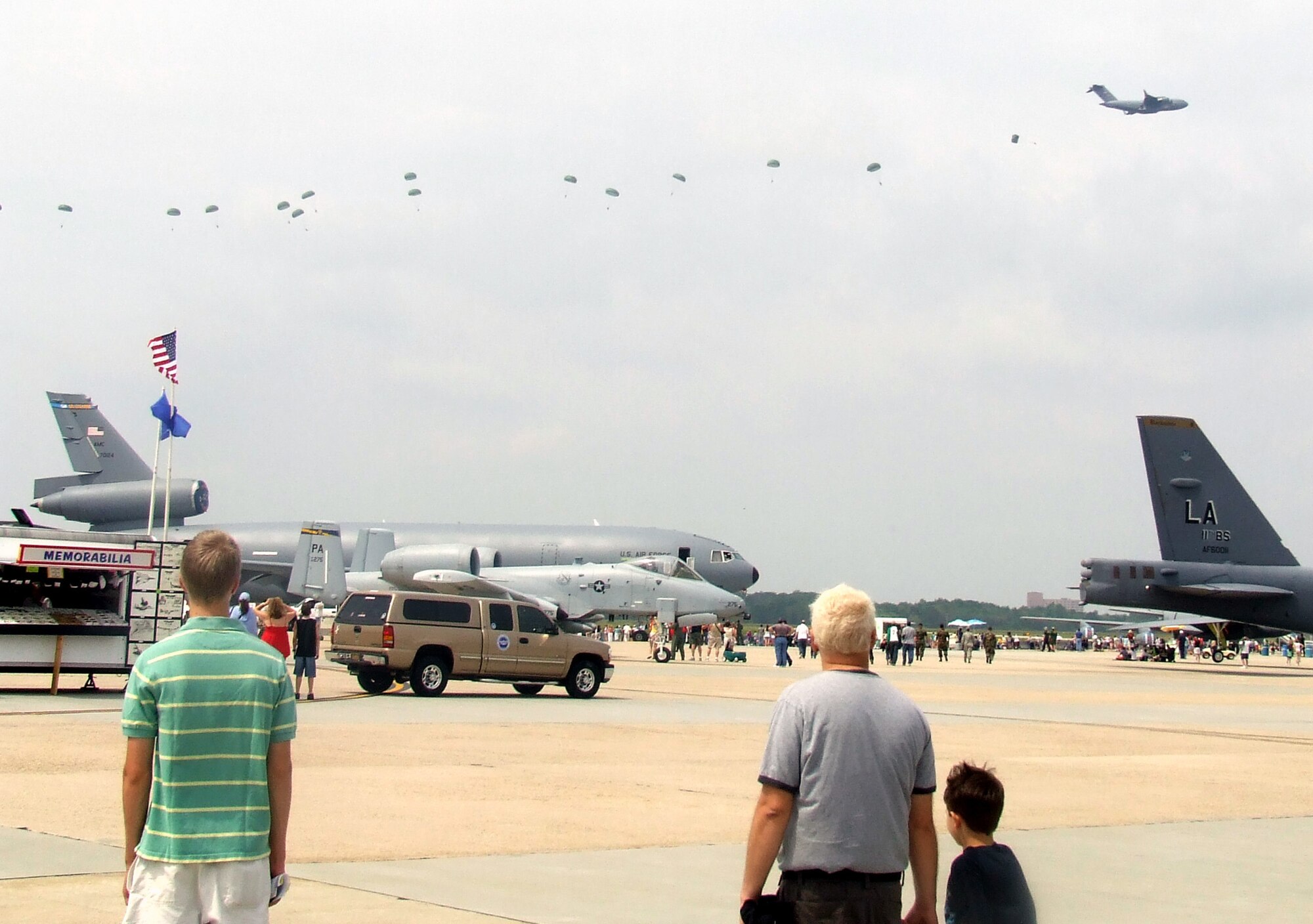 Paratroopers from the U.S. Army's 82nd Airborne Division jump from a McGuire Air Force Base, N.J., C-17 Globemaster III during an event for McGuire Air Expo 2008 May 31.  The expo drew more than 170,000 visitors over two days and it was the culminating event for Air Force Week in Philadelphia.  (U.S. Air Force Photo/Tech. Sgt. Scott T. Sturkol)