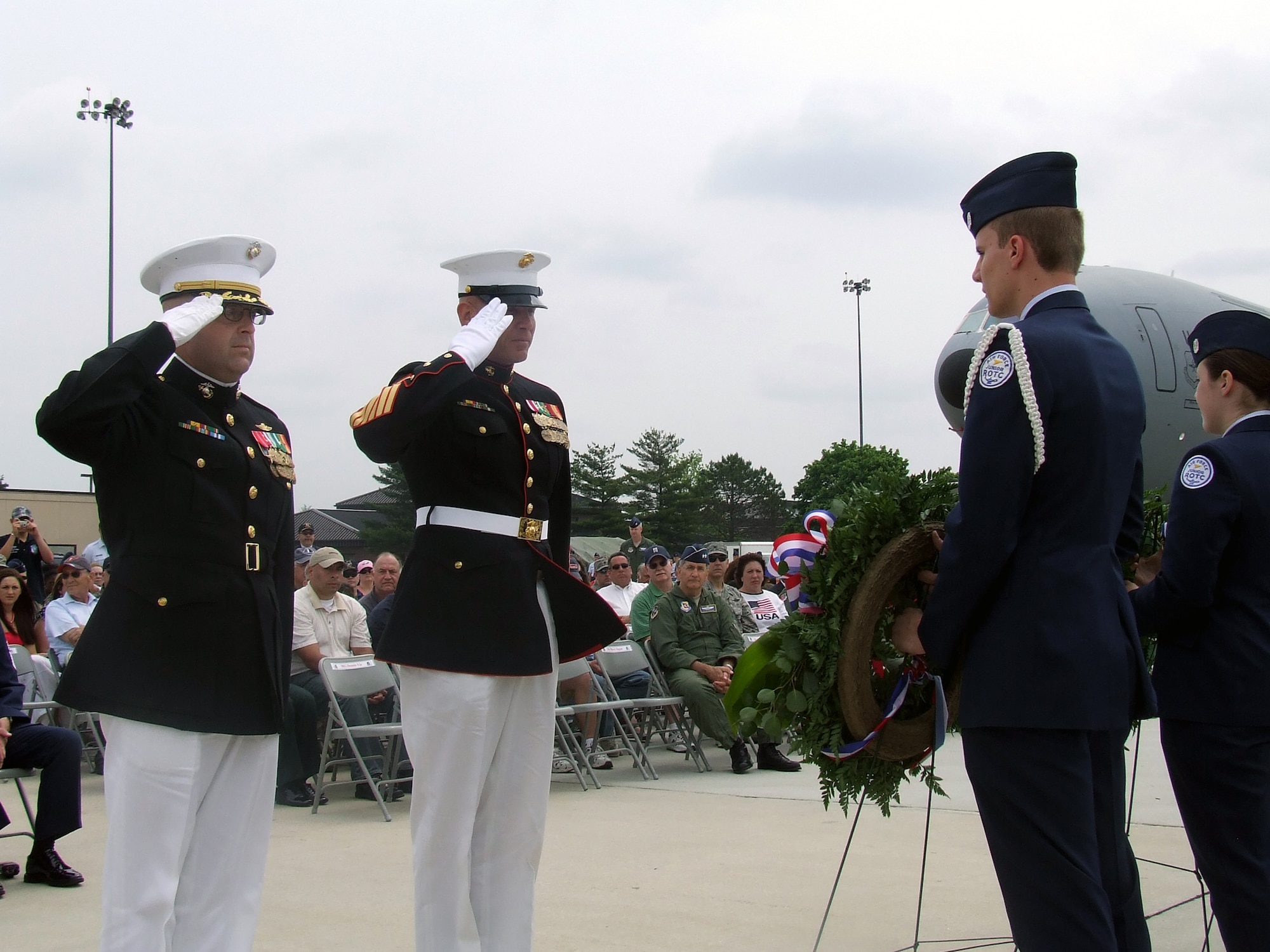 U.S. Marines participate in a wreath-laying ceremony for the McGuire Air Force Base, N.J., Air Expo 2008 May 31.  The ceremony and Air Expo 2008 were culminating events for Air Force Week in Philadelphia.  More than 170,000 people attended the Air Expo.  (U.S. Air Force Photo/Tech. Sgt. Scott T. Sturkol)