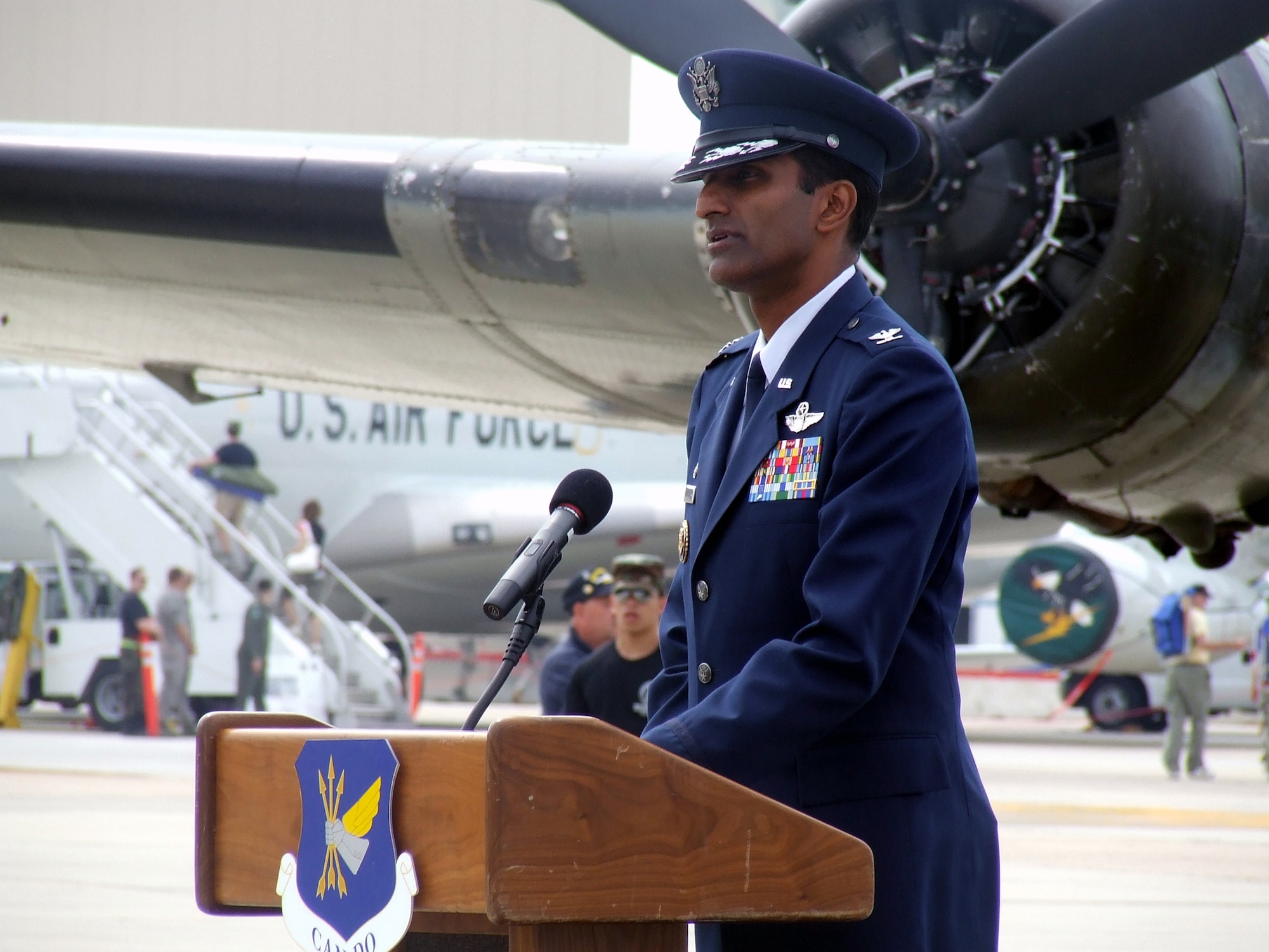 Col. Balan Ayyar, 305th Air Mobility Wing commander, provides remarks during a wreath-laying ceremony for the McGuire Air Force Base, N.J., Air Expo 2008 May 31.  The ceremony and Air Expo 2008 were culminating events for Air Force Week in Philadelphia.  More than 170,000 people attended the Air Expo.  (U.S. Air Force Photo/Tech. Sgt. Scott T. Sturkol)