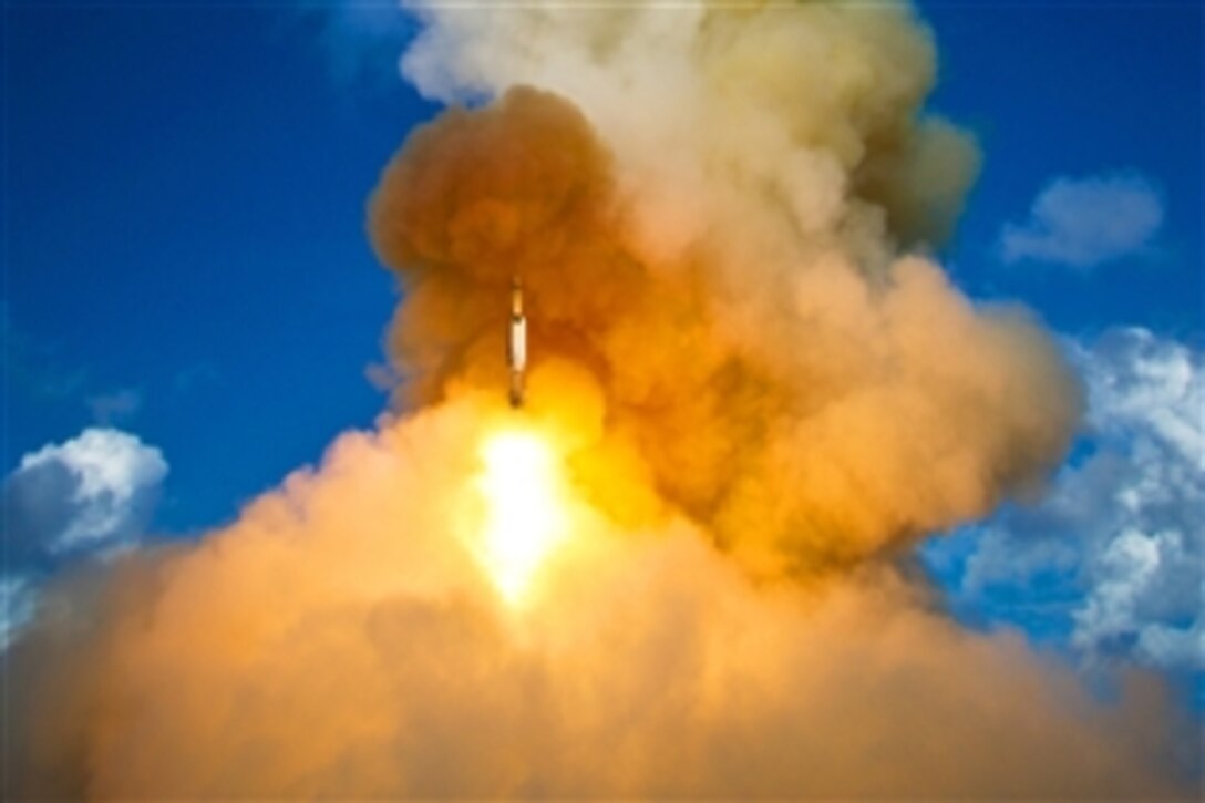 The U.S. Navy launches two modified Standard Missile-2 Block IV interceptors from the guided-missile cruiser USS Lake Erie during a Missile Defense Agency test to intercept a short-range ballistic missile target, June 5, 2008. The missiles intercepted the target approximately 12 miles above the Pacific Ocean 100 miles west of Kauai, Hawaii, on the Pacific Missile Range Facility.  