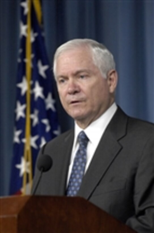 Secretary of Defense Robert M. Gates announces he has accepted the resignations of both Secretary of the Air Force Michael W. Wynne and Air Force Chief of Staff Gen. T. Michael Moseley during a Pentagon press briefing on June 5, 2008.  